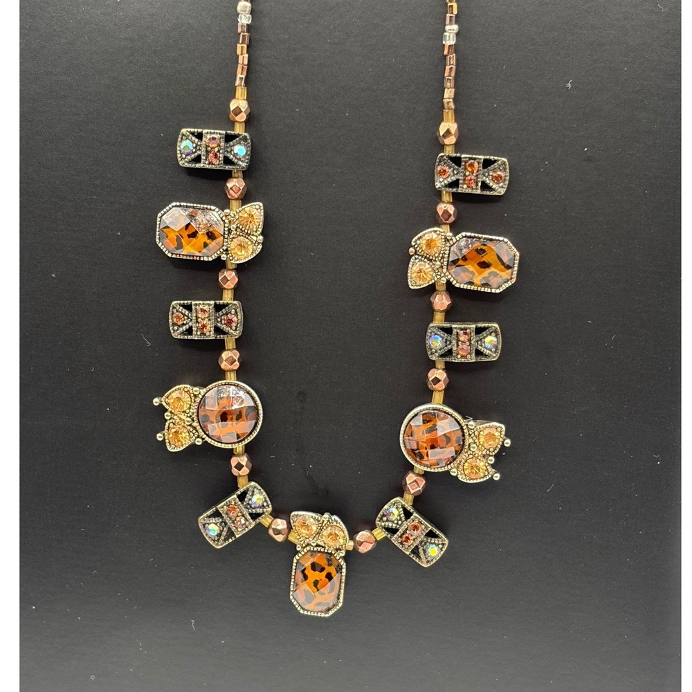Bronze Amber Leopard Print Rhinestone Beaded Statement Necklace Boho Chic 18"